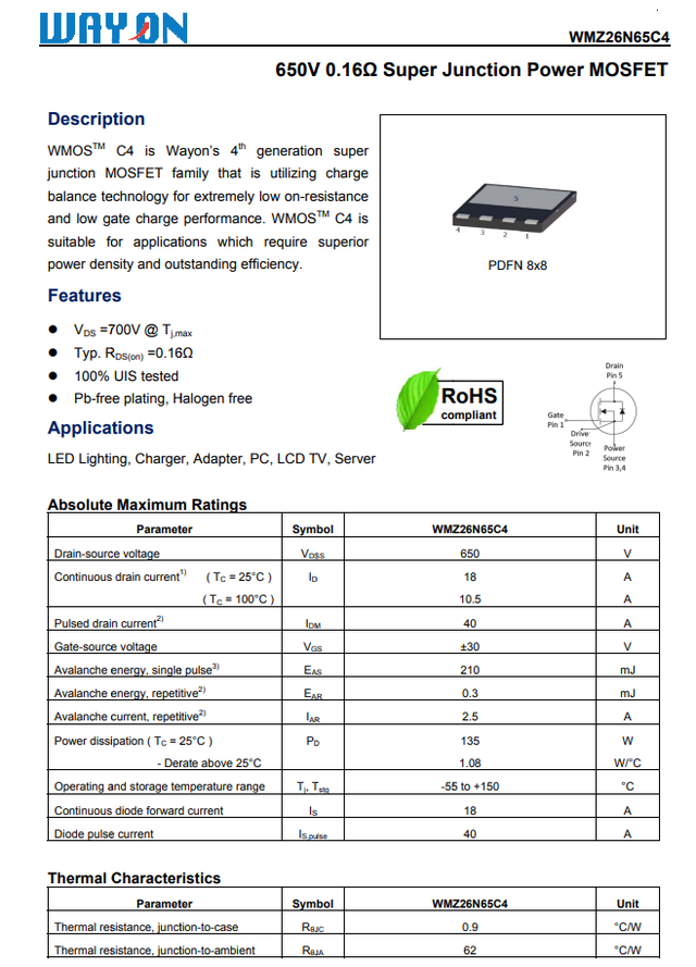 Wayon代理商，维安代理商，65W PD电源， 超结MOS管WMZ26N65C4 ， 同步整流管WMB085N10LG2