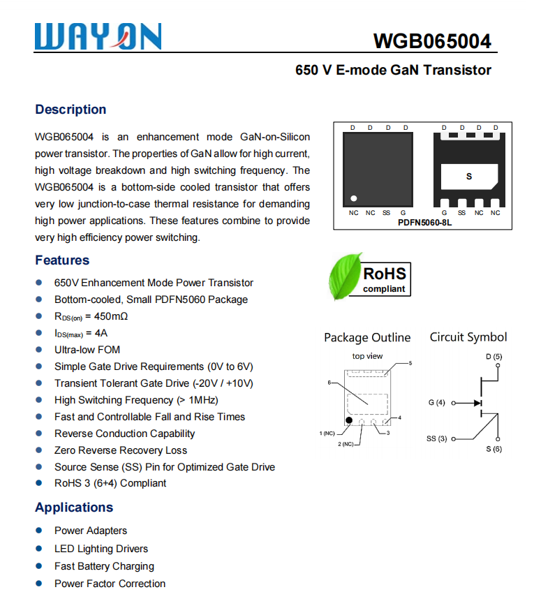 Wayon代理，维安代理，WGB065004，氮化镓芯片， 650 V E-mode GaN Transistor