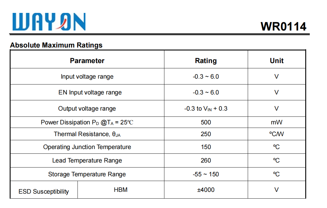 Wayon代理商，维安代理商，超低功耗0.7UA， CMOS LDO稳压器，WR0114系列， WR0114-33A50R， WR0114-30A50R