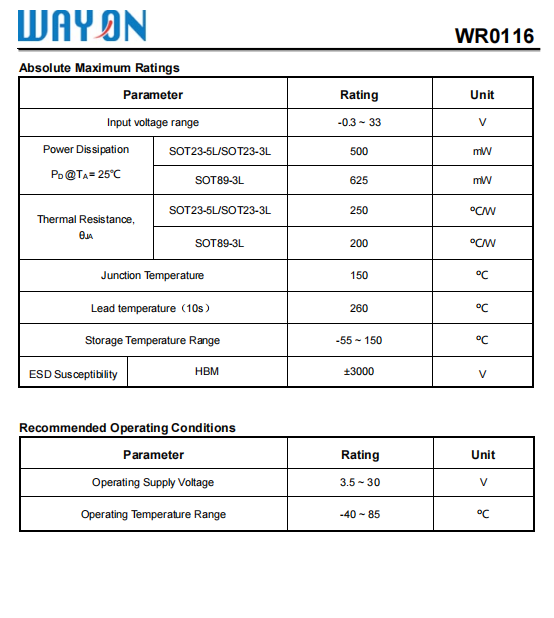 Wayon代理，维安代理，超低功耗CMOS LDO ，WR0116系列 ，WR0116-33A21R ，WR0116-33A51R， WR0116-33A31R