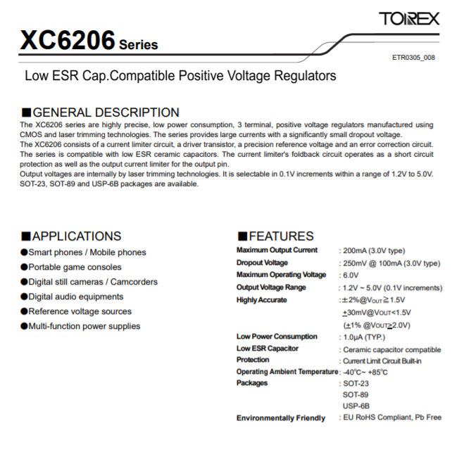 特瑞仕代理商，TOREX代理商，TOREX LDO线性稳压器，XC6206P332MR-G， XC6206J332MR-G ，XC6206P332PR.png