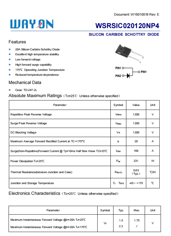 Wayon碳化硅肖特基二极管，维安碳化硅肖特基二极管，SIC碳化硅肖特基二极管，WSRSIC020120NP4，WSRSIC040120NP8.png