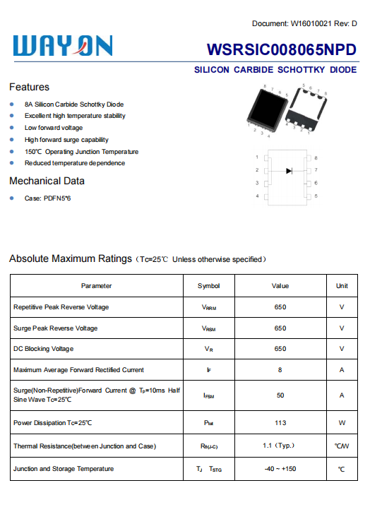 Wayon碳化硅肖特基二极管，维安碳化硅肖特基二极管，SIC碳化硅肖特基二极管，WSRSIC020120NP4，WSRSIC040120NP8.png