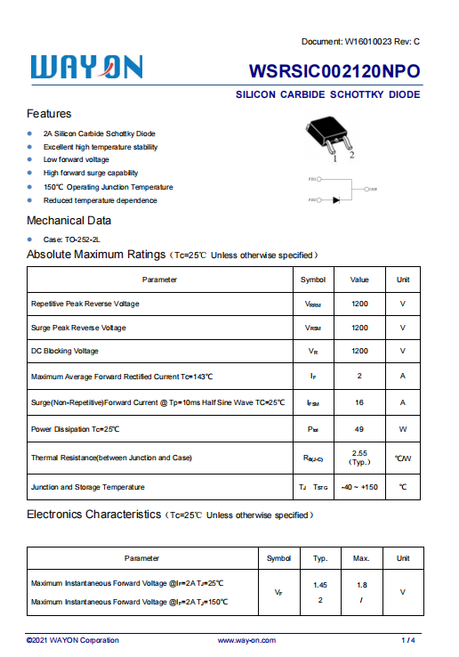 Wayon代理商，维安代理商，SiC Schottky Diode， 碳化硅肖特基二极管，WSRSIC002120NPO.png